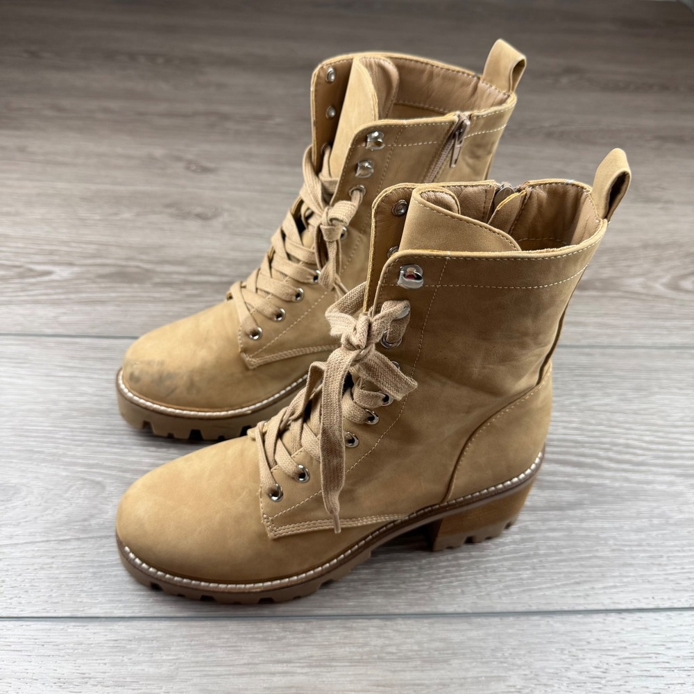 dv Dolce Vita Women Combat Boots Lace Up Side Zip Lug Sole Tan Size 8